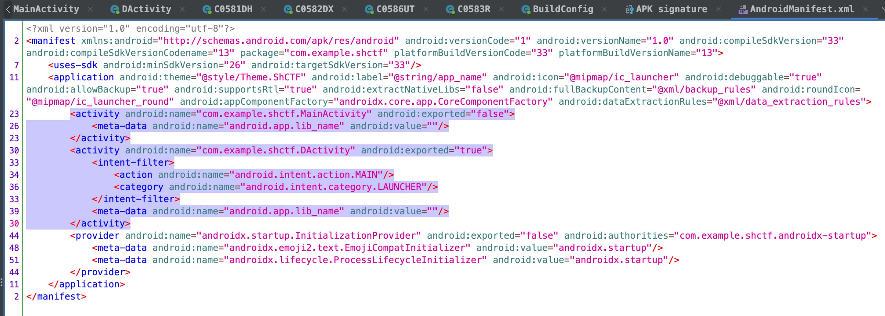 <code>com.example.shctf</code> looks suspicious (<code>AndroidManifest.xml</code>)